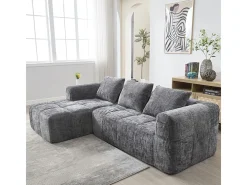 Sofá-cama de canto em tecido Chenille - 3 lugares - com 3 almofadas - Cinza - 250x158x60cm