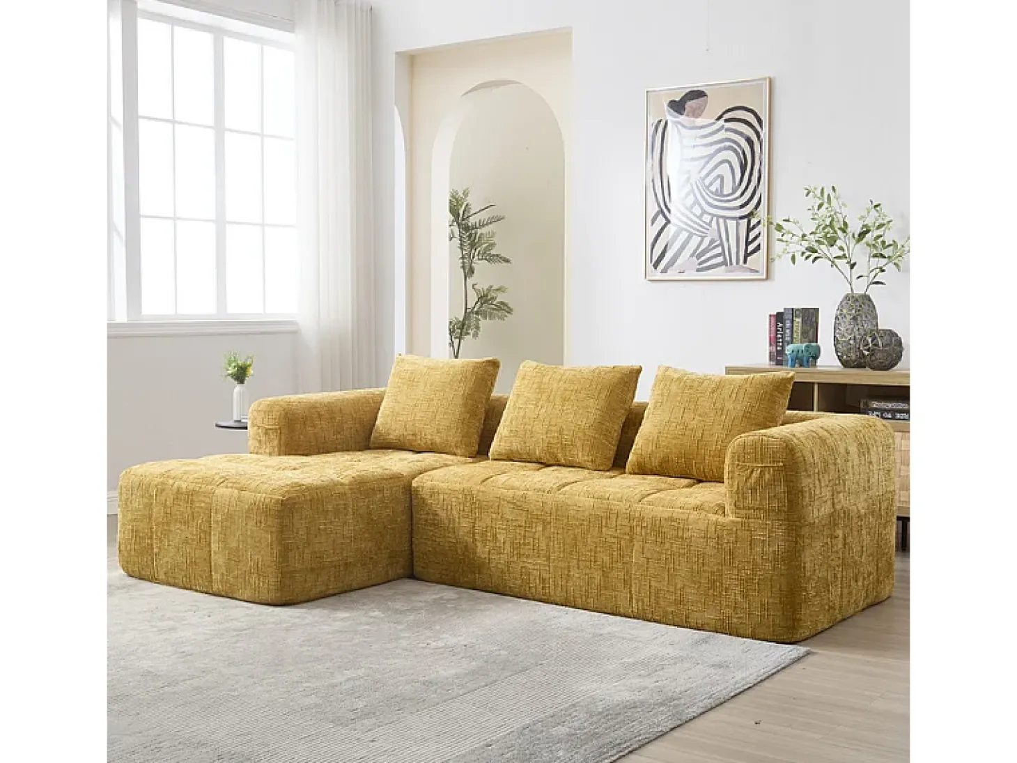 Sofá-cama de canto em tecido Chenille - 3 lugares - com 3 almofadas - Amarelo - 250x158x60cm