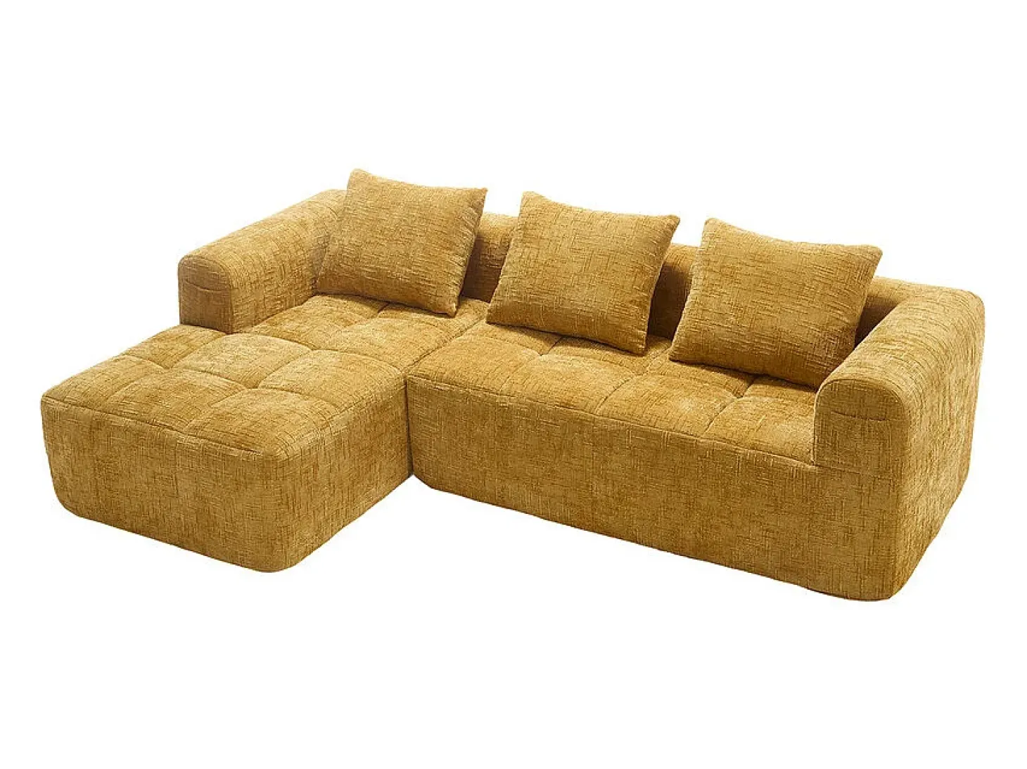 Sofá-cama de canto em tecido Chenille - 3 lugares - com 3 almofadas - Amarelo - 250x158x60cm