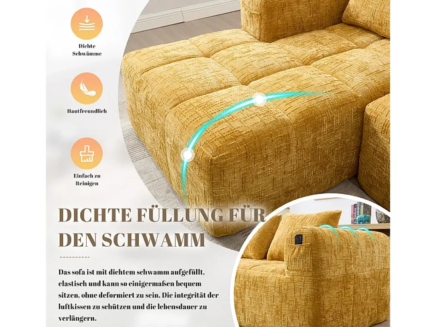 Sofá-cama de canto em tecido Chenille - 3 lugares - com 3 almofadas - Amarelo - 250x158x60cm