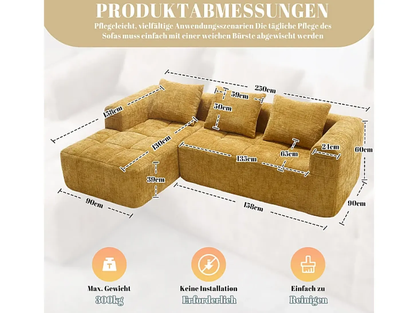 Sofá-cama de canto em tecido Chenille - 3 lugares - com 3 almofadas - Amarelo - 250x158x60cm