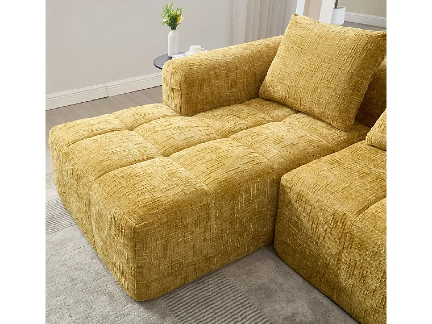Sofá-cama de canto em tecido Chenille - 3 lugares - com 3 almofadas - Amarelo - 250x158x60cm