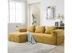 Sofá-cama de canto em tecido Chenille - 3 lugares - com 3 almofadas - Amarelo - 250x158x60cm