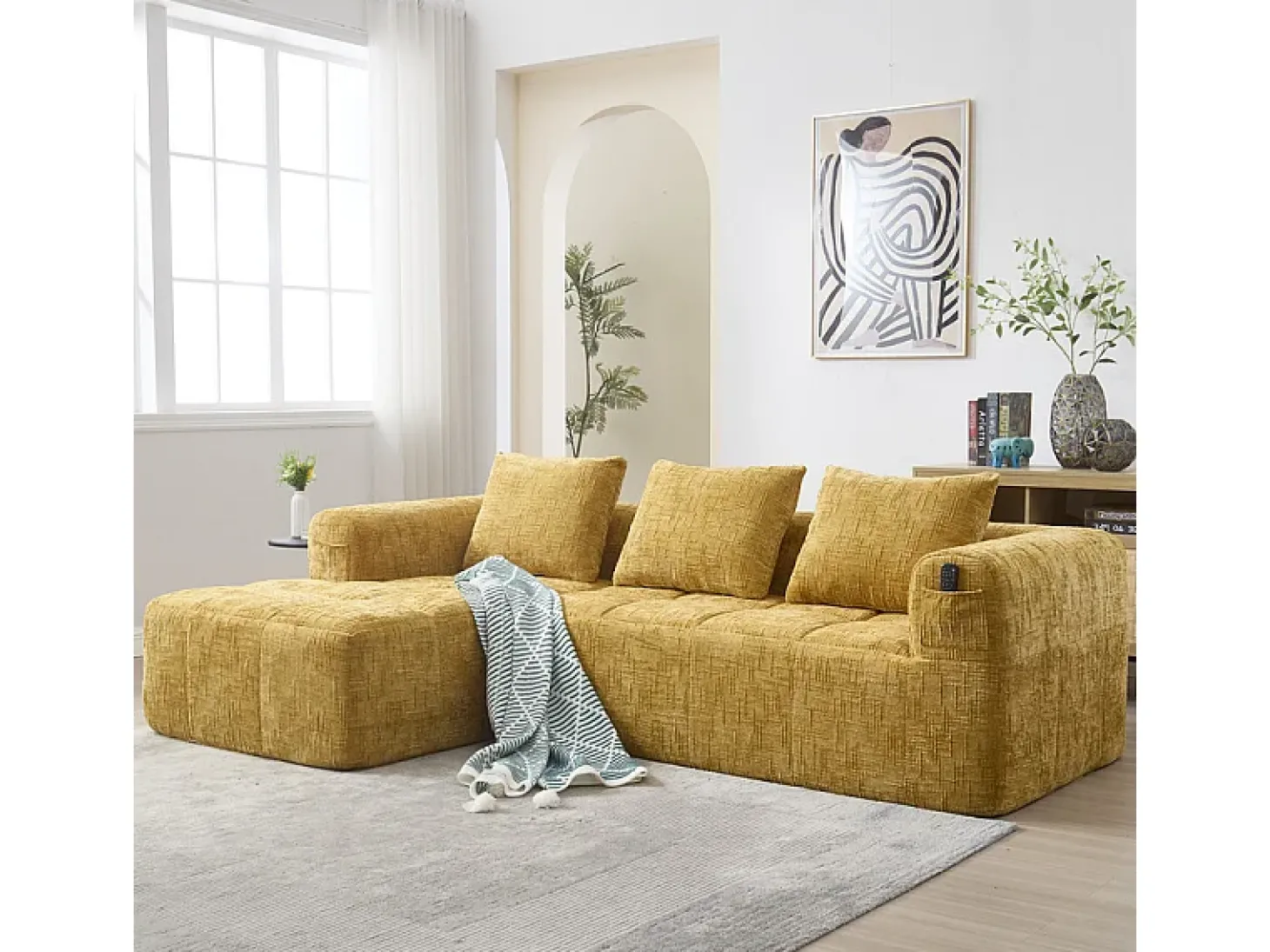 Sofá-cama de canto em tecido Chenille - 3 lugares - com 3 almofadas - Amarelo - 250x158x60cm