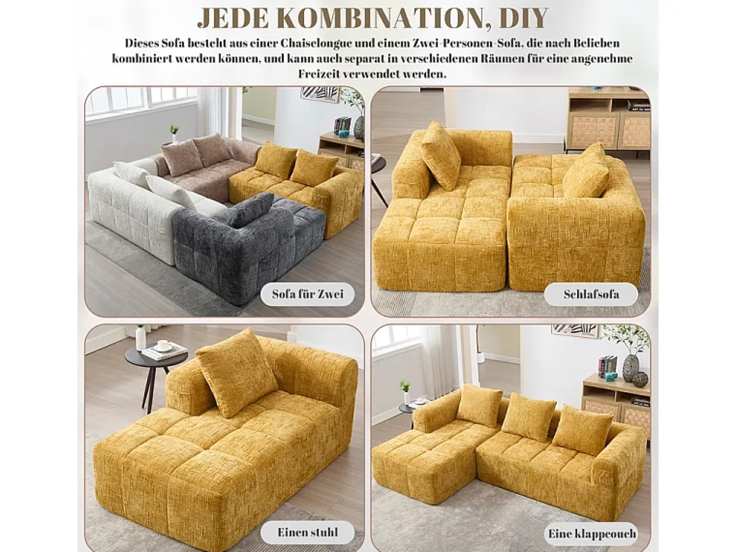Sofá-cama de canto em tecido Chenille - 3 lugares - com 3 almofadas - Amarelo - 250x158x60cm