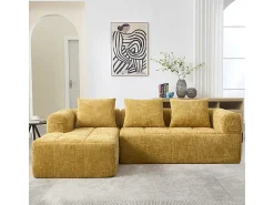 Sofá-cama de canto em tecido Chenille - 3 lugares - com 3 almofadas - Amarelo - 250x158x60cm