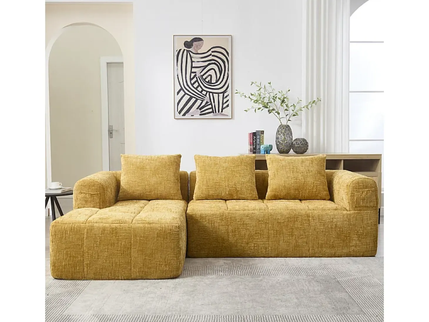 Sofá-cama de canto em tecido Chenille - 3 lugares - com 3 almofadas - Amarelo - 250x158x60cm