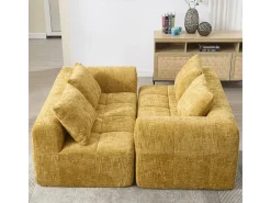 Sofá-cama de canto em tecido Chenille - 3 lugares - com 3 almofadas - Amarelo - 250x158x60cm
