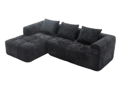 Sofá-cama de canto em tecido Chenille - 3 lugares - com 3 almofadas - Preto - 250x158x60cm