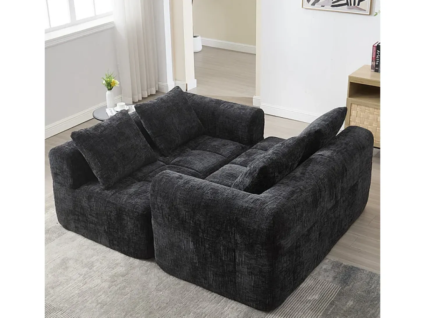 Sofá-cama de canto em tecido Chenille - 3 lugares - com 3 almofadas - Preto - 250x158x60cm