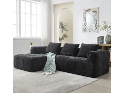 Sofá-cama de canto em tecido Chenille - 3 lugares - com 3 almofadas - Preto - 250x158x60cm
