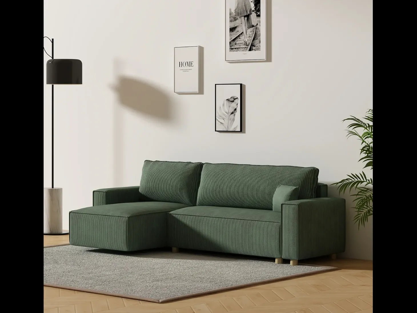 Sofá-Cama de Canto em Veludo Cotelê Verde COSY - Estilo Elegante e Confortável