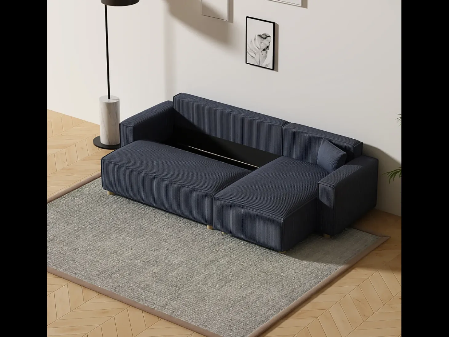Sofá-Cama de Canto em Veludo Cotelê Azul COSY 4 Lugares
