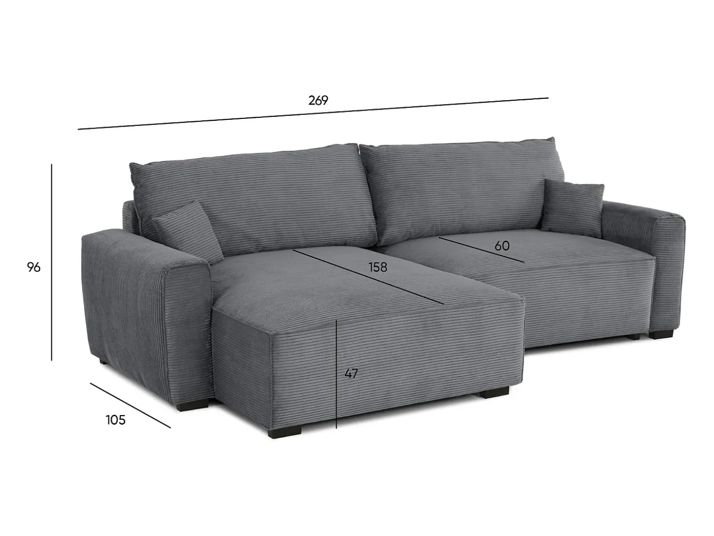 Sofá-Cama de Canto Lauren Cinza 4 Lugares com Armazenamento, Chaise Longue Reversível e Tecido Fácil de Limpar