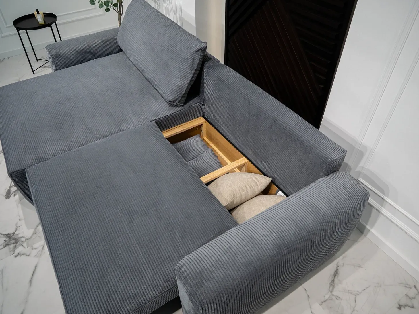 Sofá-Cama de Canto Lauren Cinza 4 Lugares com Armazenamento, Chaise Longue Reversível e Tecido Fácil de Limpar