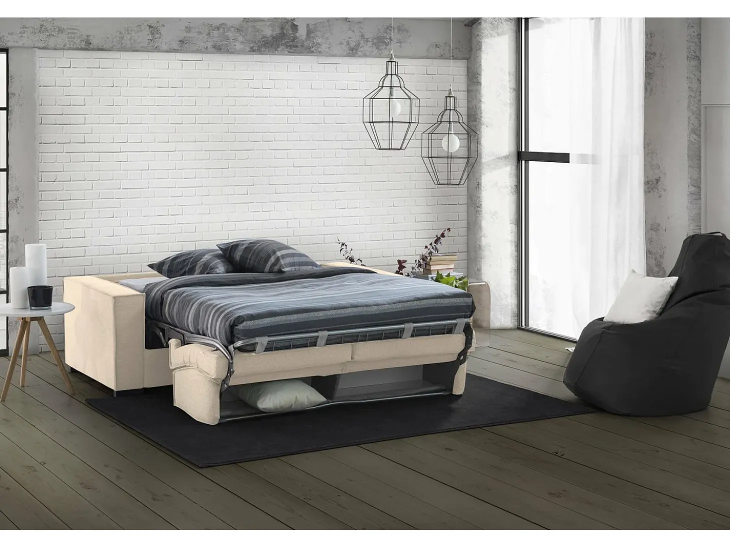 Sofá-cama Dekuba, sofá de 2 lugares, 100% Fabricado na Itália, Sofá da sala com abertura giratória, em tecido acolchoado, com braços padrão, 180x95h90 cm, Bege