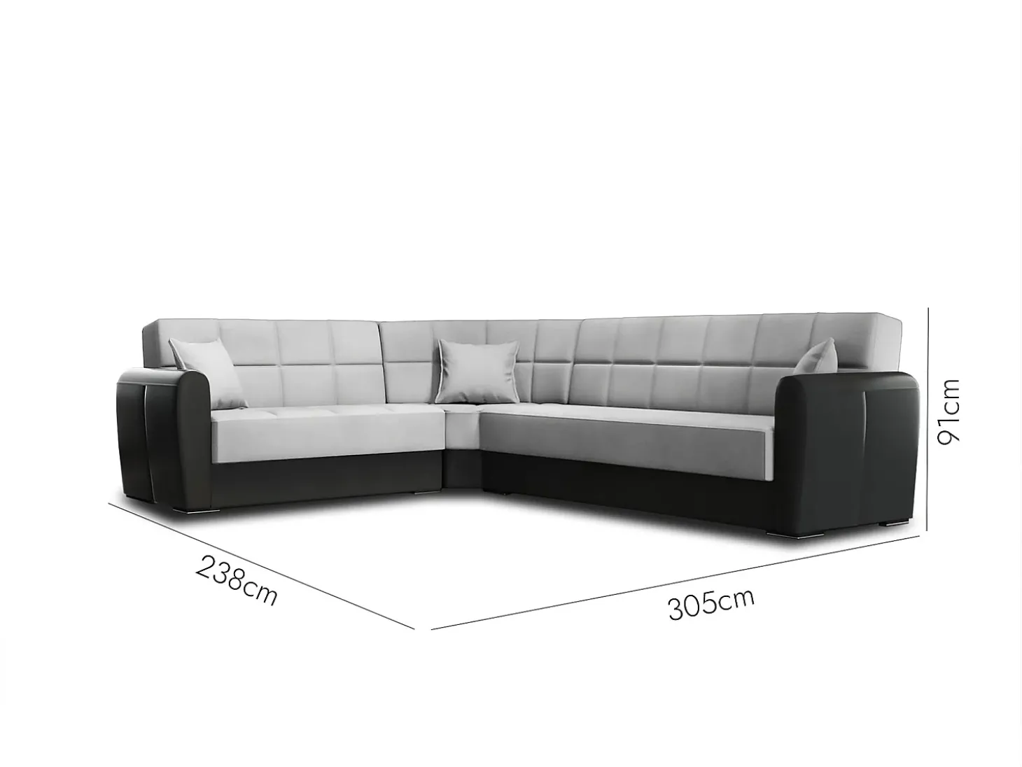 Sofá-cama Dgytkjæ, Sofá-cama de canto em couro ecológico e tecido, Sofá da sala com abertura click-clack e península reversível, 305x238h91 cm, Preto e Cinza Claro