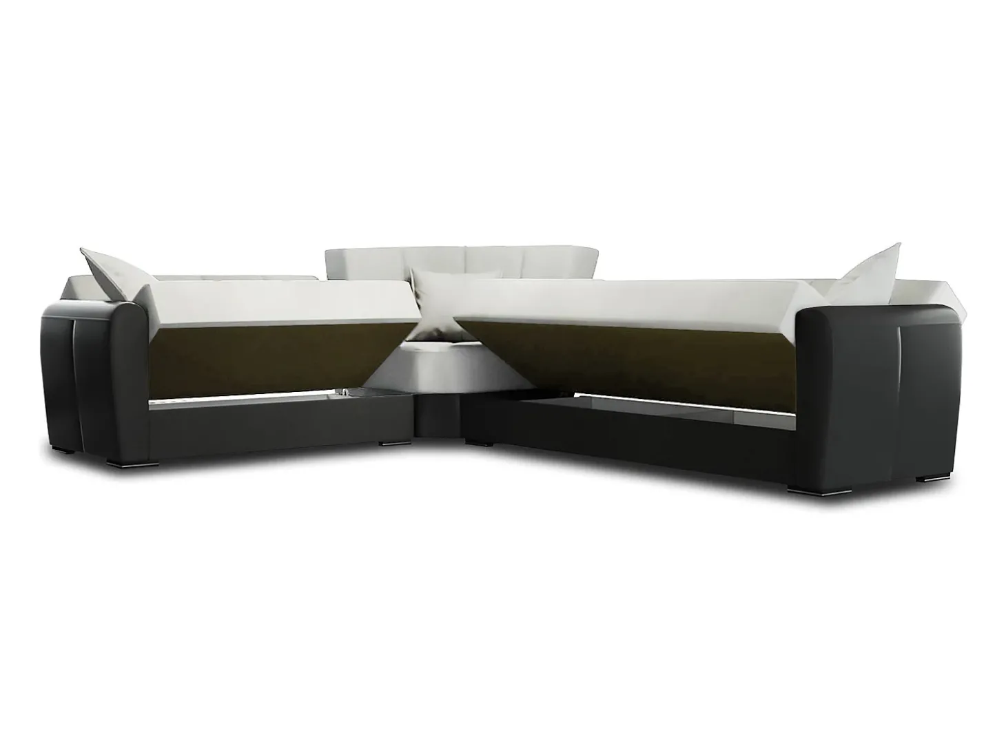 Sofá-cama Dgytkjæ, Sofá-cama de canto em couro ecológico e tecido, Sofá da sala com abertura click-clack e península reversível, 305x238h91 cm, Preto e Cinza Claro
