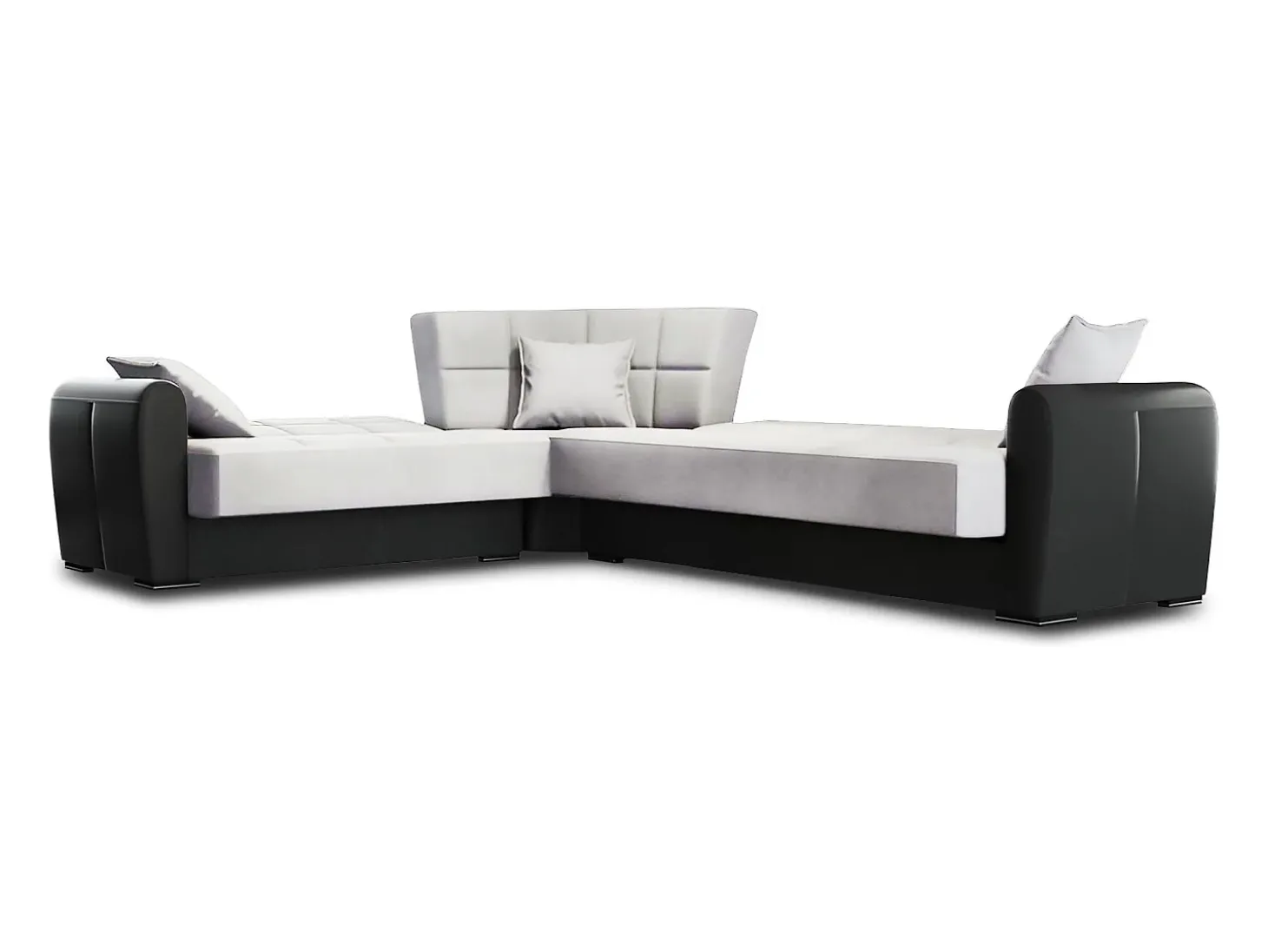 Sofá-cama Dgytkjæ, Sofá-cama de canto em couro ecológico e tecido, Sofá da sala com abertura click-clack e península reversível, 305x238h91 cm, Preto e Cinza Claro