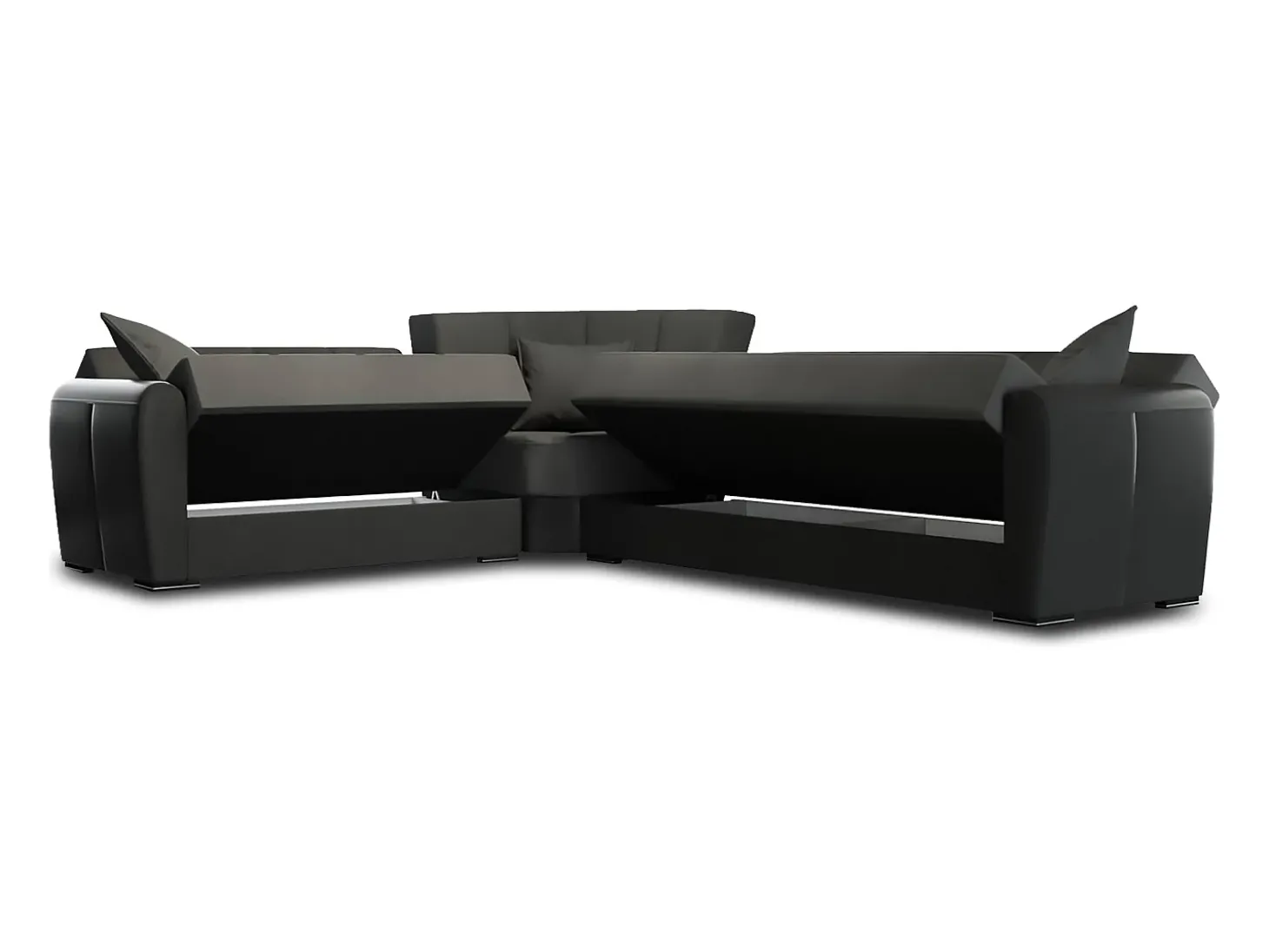 Sofá-cama Dgytkjæ, Sofá-cama de canto em couro ecológico e tecido, Sofá da sala com abertura click-clack e península reversível, 305x238h91 cm, Preto e Cinza Escuro