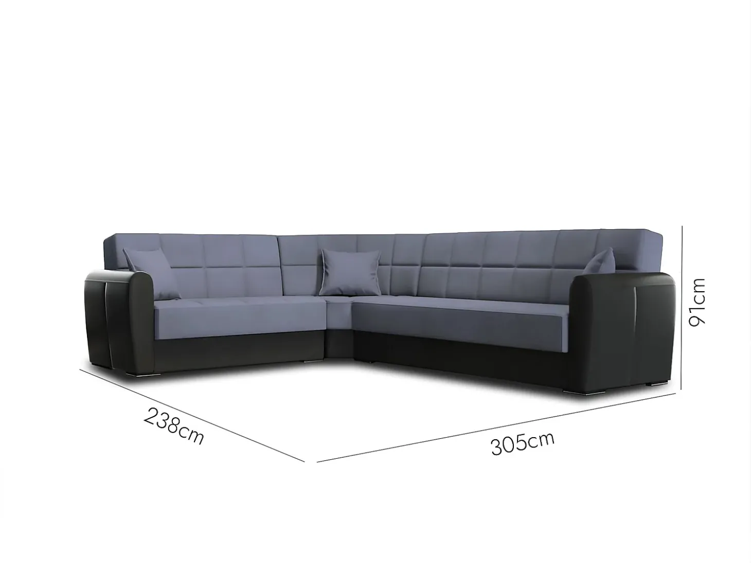 Sofá-cama Dgytkjæ, Sofá-cama de canto em couro ecológico e tecido, Sofá da sala com abertura click-clack e península reversível, 305x238h91 cm, Preto e Cinza