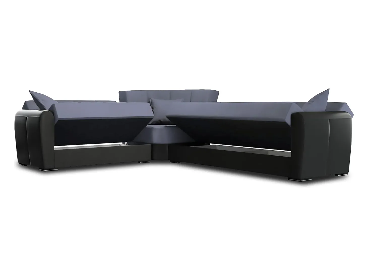 Sofá-cama Dgytkjæ, Sofá-cama de canto em couro ecológico e tecido, Sofá da sala com abertura click-clack e península reversível, 305x238h91 cm, Preto e Cinza