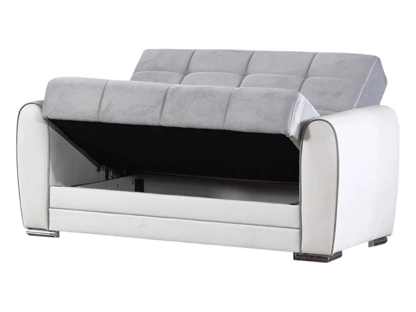 Sofá-cama Dlobuon, Sofá-cama container de canto em couro ecológico e tecido, Sofá da ala com abertura click-clack e penínula reverível, 163x84h91 cm, Branco e Cinza