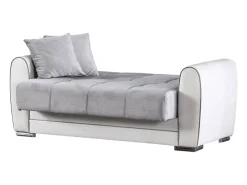 Sofá-cama Dlobuon, Sofá-cama container de canto em couro ecológico e tecido, Sofá da ala com abertura click-clack e penínula reverível, 163x84h91 cm, Branco e Cinza