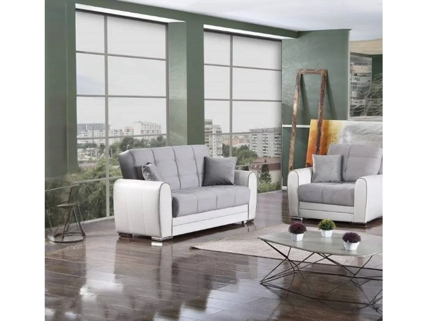 Sofá-cama Dlobuon, Sofá-cama container de canto em couro ecológico e tecido, Sofá da ala com abertura click-clack e penínula reverível, 163x84h91 cm, Branco e Cinza