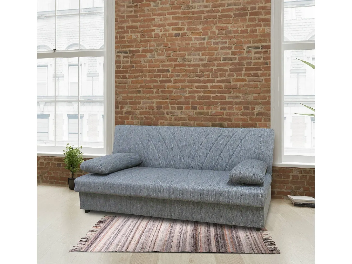 Sofá-cama Dmalama, ofá-cama de 3 lugare com arrumação com 2 almofada incluída, Sofá da ala em tecido acolchoado com abertura click-clack, 181x81h88 cm, Cinzento