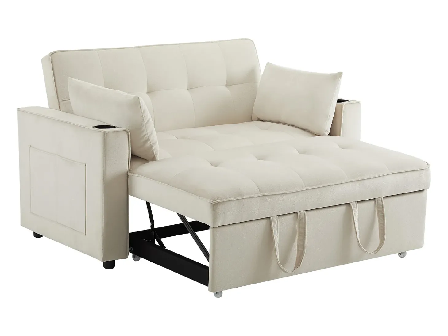 Sofá-cama dobrável ajustável multiângulo - 2 lugares - Tecido de veludo - com suporte para copos e almofadas - Bege