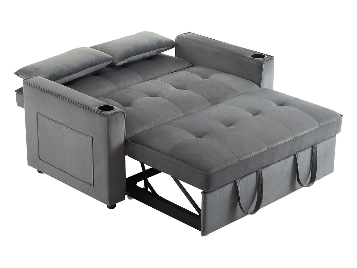 Sofá-cama dobrável ajustável multiângulo - 2 lugares - Tecido de veludo - com suporte para copos e almofadas - cinzento