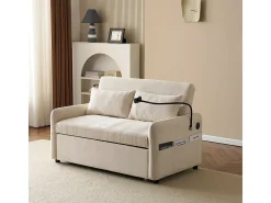 Sofá-cama dobrável moderno com dois lugares, encosto ajustável, suporte para telemóvel, porta de carregamento USB,Bege