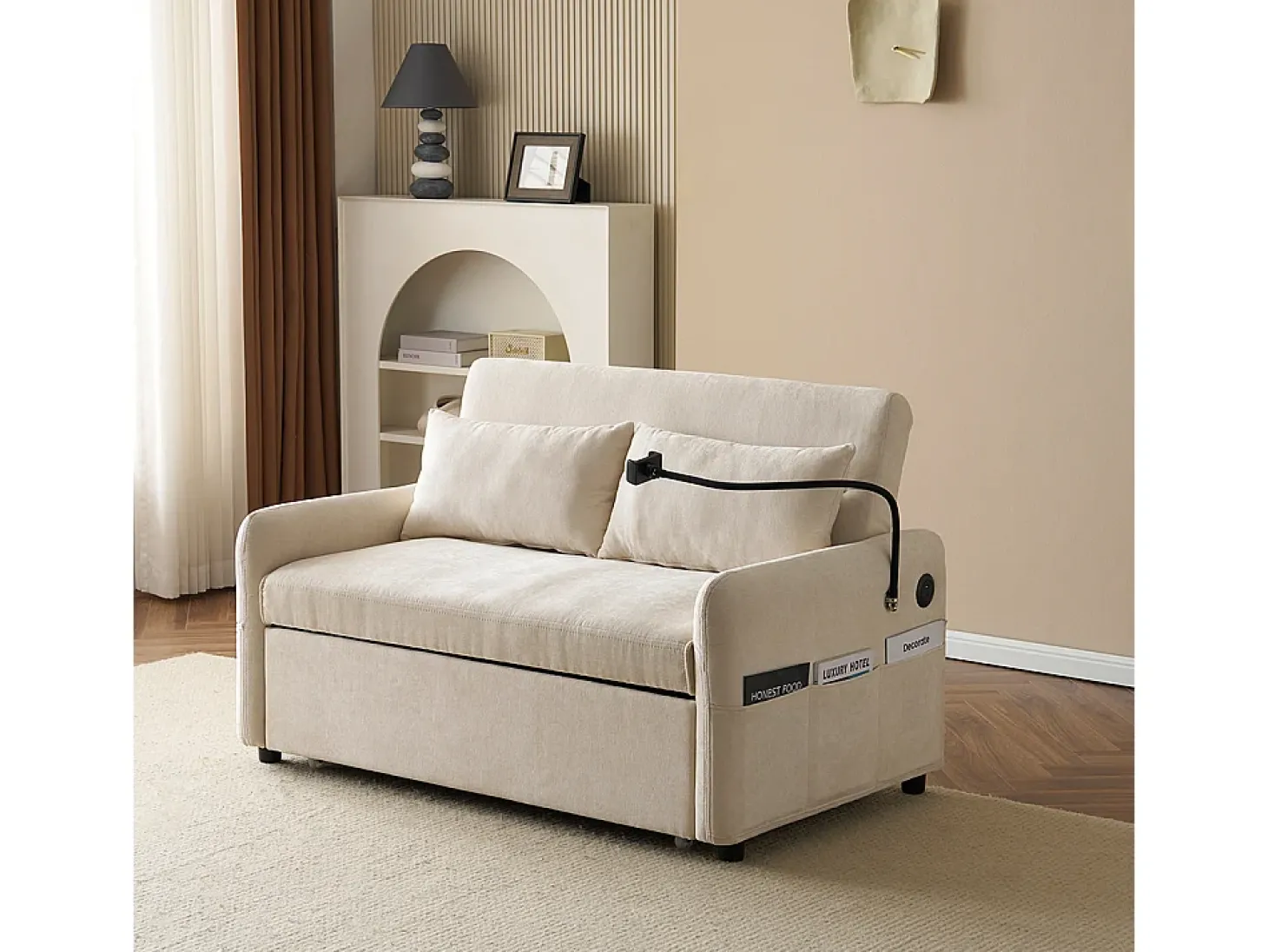 Sofá-cama dobrável moderno com dois lugares, encosto ajustável, suporte para telemóvel, porta de carregamento USB,Bege