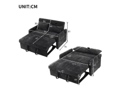 Sofá-cama dobrável moderno com dois lugares, encosto ajustável, suporte para telemóvel, porta de carregamento USB,Preto