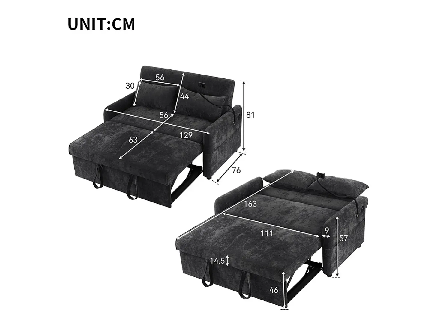 Sofá-cama dobrável moderno com dois lugares, encosto ajustável, suporte para telemóvel, porta de carregamento USB,Preto