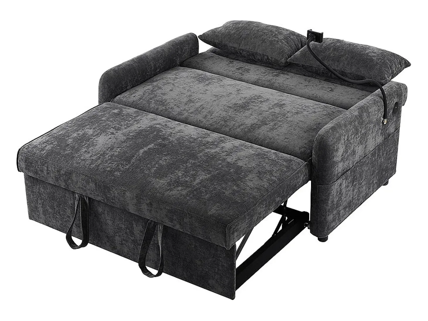 Sofá-cama dobrável moderno com dois lugares, encosto ajustável, suporte para telemóvel, porta de carregamento USB,Preto