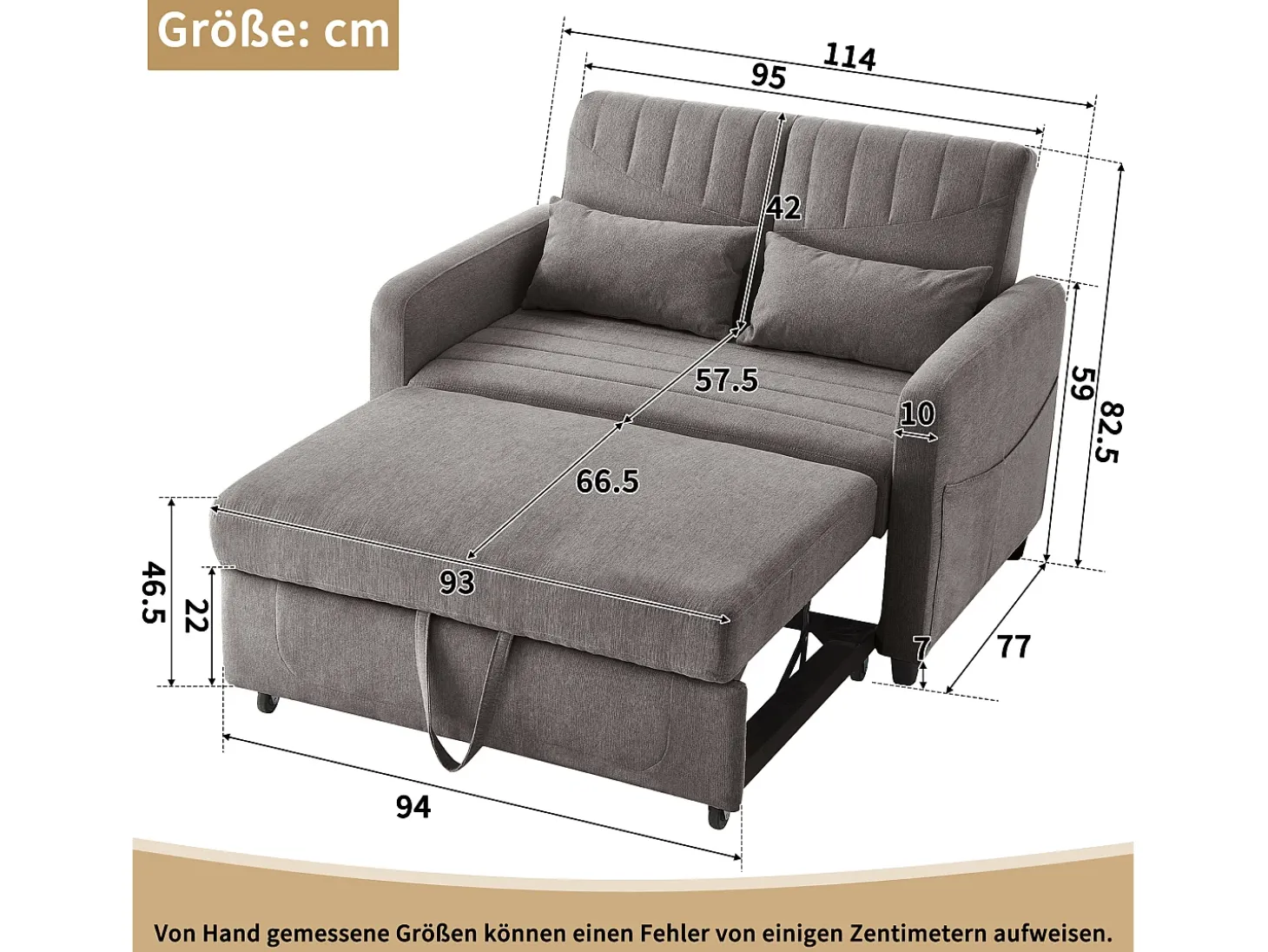 Sofá-cama duplo 114 x 77 x 82.5 cm - encosto 3 níveis ajustável - tecido algodão-linho - cinza