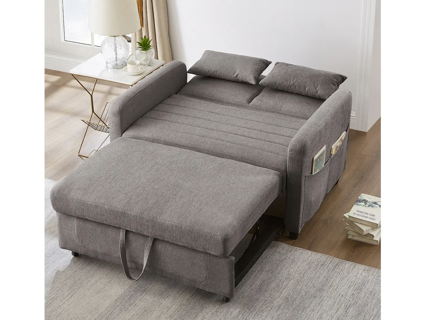 Sofá-cama duplo 114 x 77 x 82.5 cm - encosto 3 níveis ajustável - tecido algodão-linho - cinza