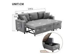 Sofá-cama em L de 3 lugares com função de cama - Chaise longue com arrumação - Linho cinza escuro
