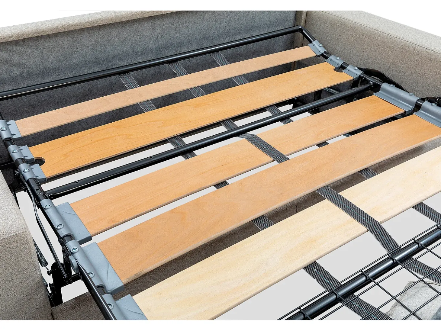 Sofá-cama em tecido azul turquesa assento memória de forma 140 cm ripas largas 18 cm CALIFE