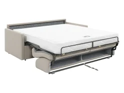 Sofá-cama em tecido bege com assento de memória de forma 160 cm ripas largas 18 cm CALIFE
