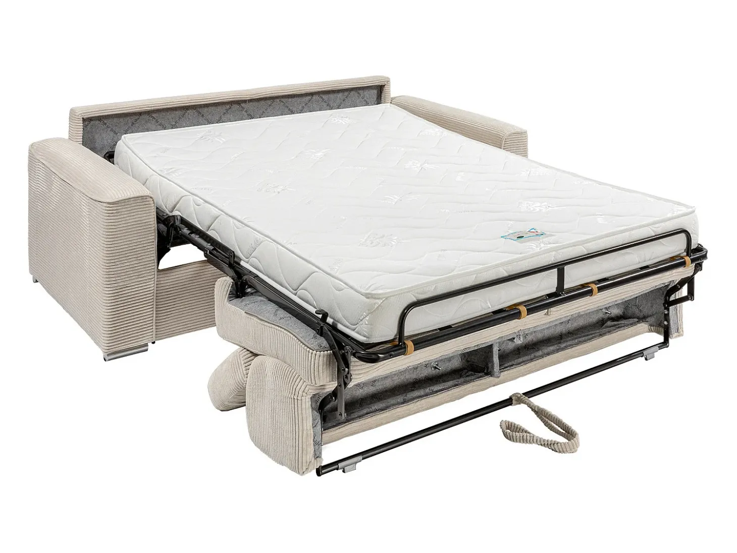 Sofá-cama em veludo canelado bege assento memória de forma 140 cm colchão 14cm CALIFE