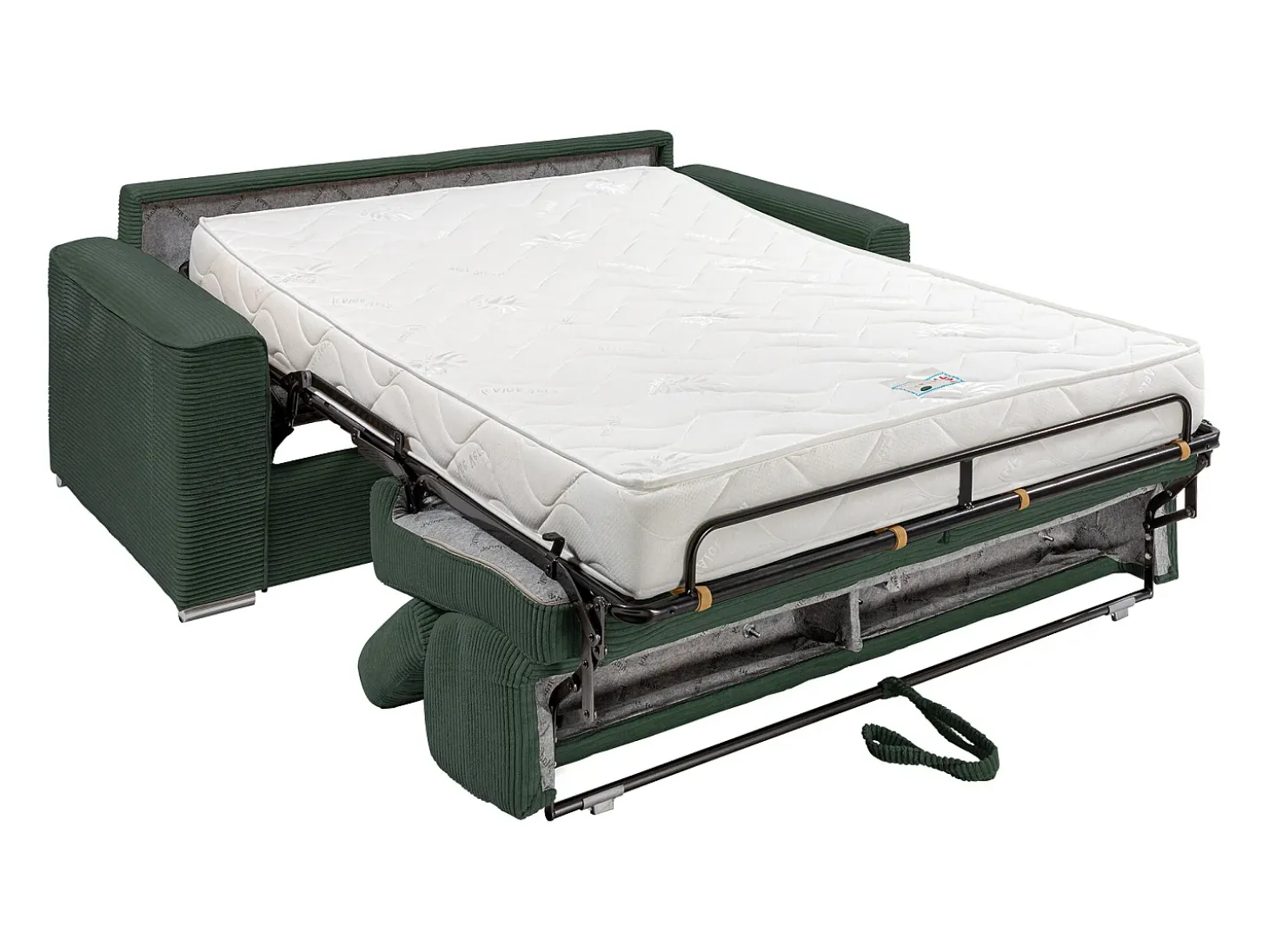 Sofá-cama em veludo canelado verde assento memória de forma 160 cm ripas largas 18cm CALIFE