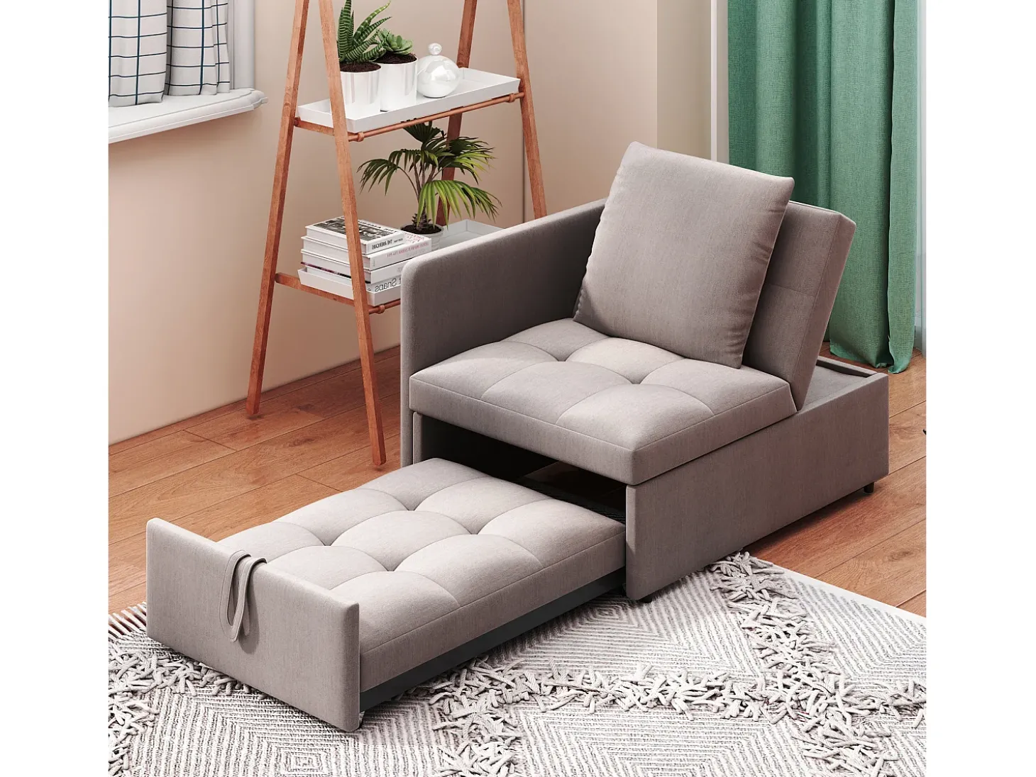 Sofá-cama estofado 177x68x65 cm - Sofá-cama multifuncional 3 em 1 - Linho - Encosto ajustável - Cinza