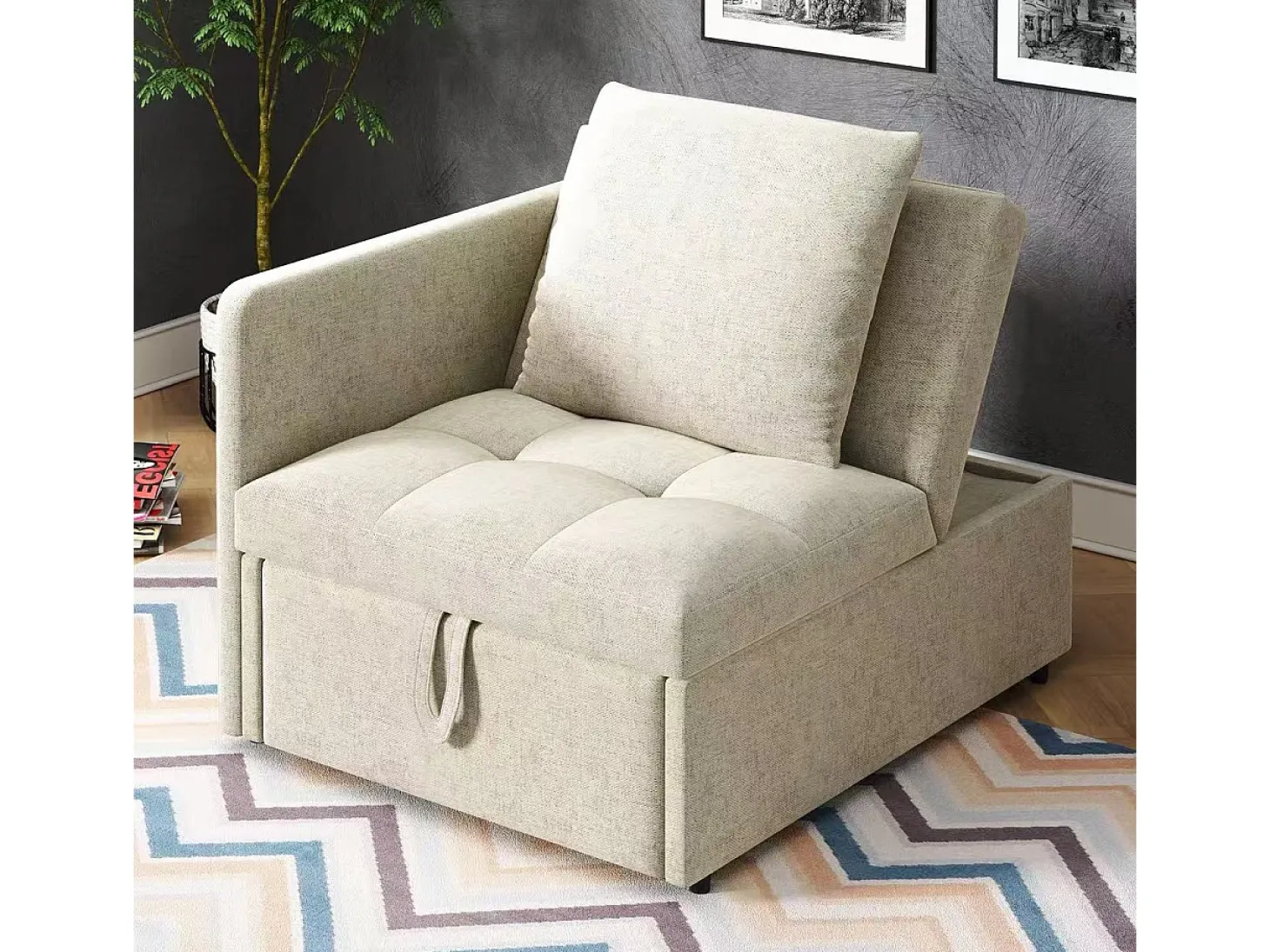 Sofá-cama estofado 177x68x65 cm - Sofá-cama multifuncional 3 em 1 - Linho - Encosto ajustável - Bege