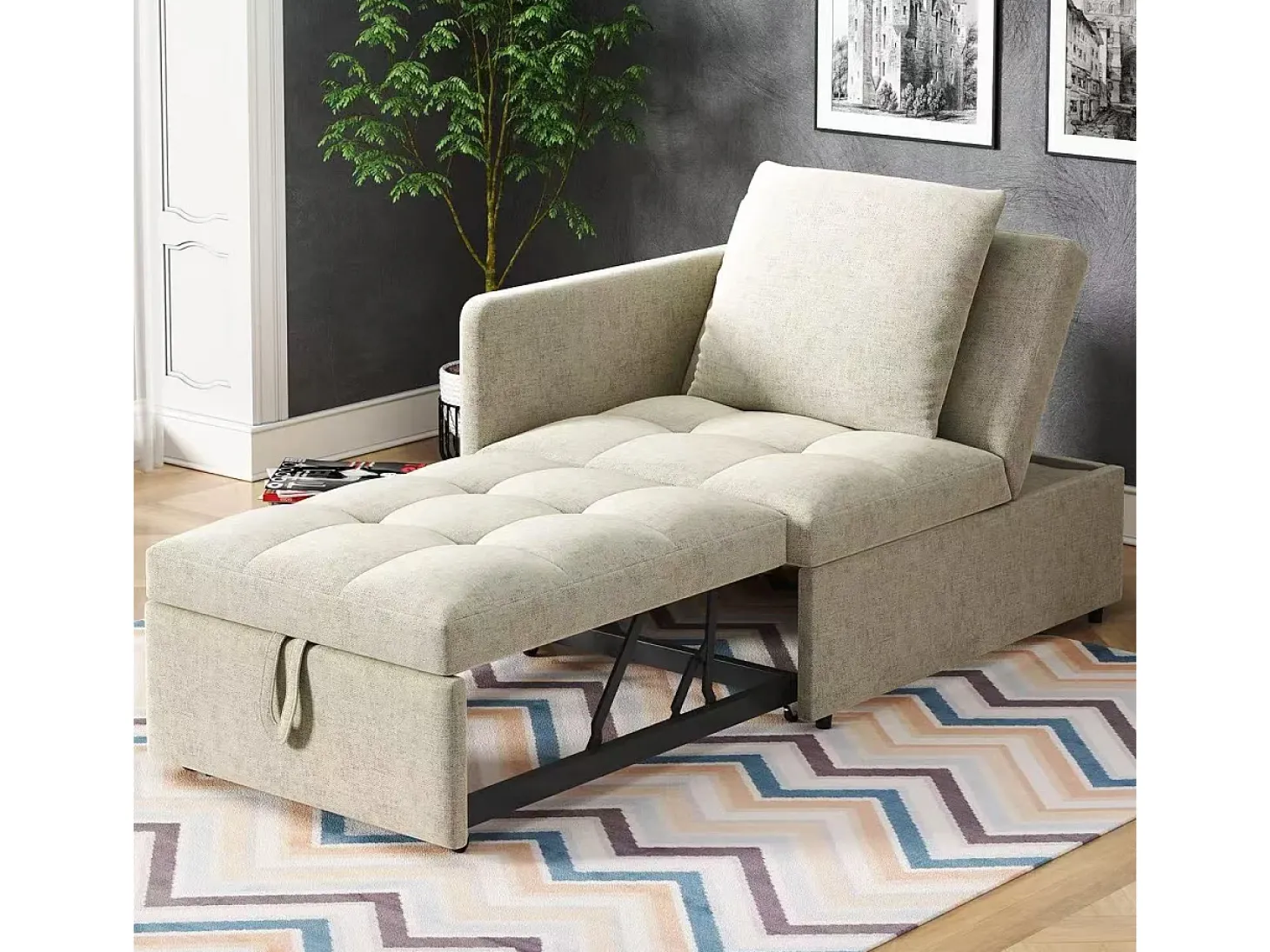 Sofá-cama estofado 177x68x65 cm - Sofá-cama multifuncional 3 em 1 - Linho - Encosto ajustável - Bege