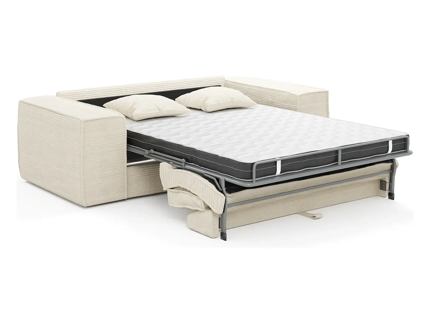 Sofá-cama express de 3 lugares AMELIA em veludo cotelê bege - área para dormir de 140 cm - colchão de espuma viscoelástica de 13 cm