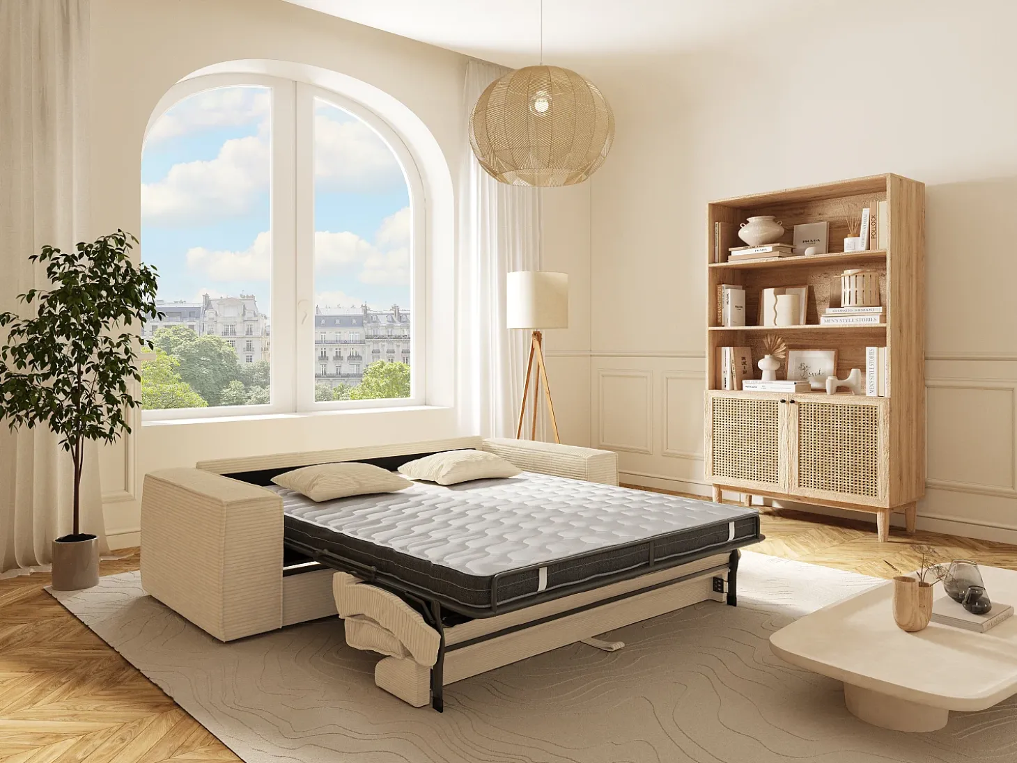 Sofá-cama express de 3 lugares AMELIA em veludo cotelê bege - área para dormir de 140 cm - colchão de espuma viscoelástica de 13 cm