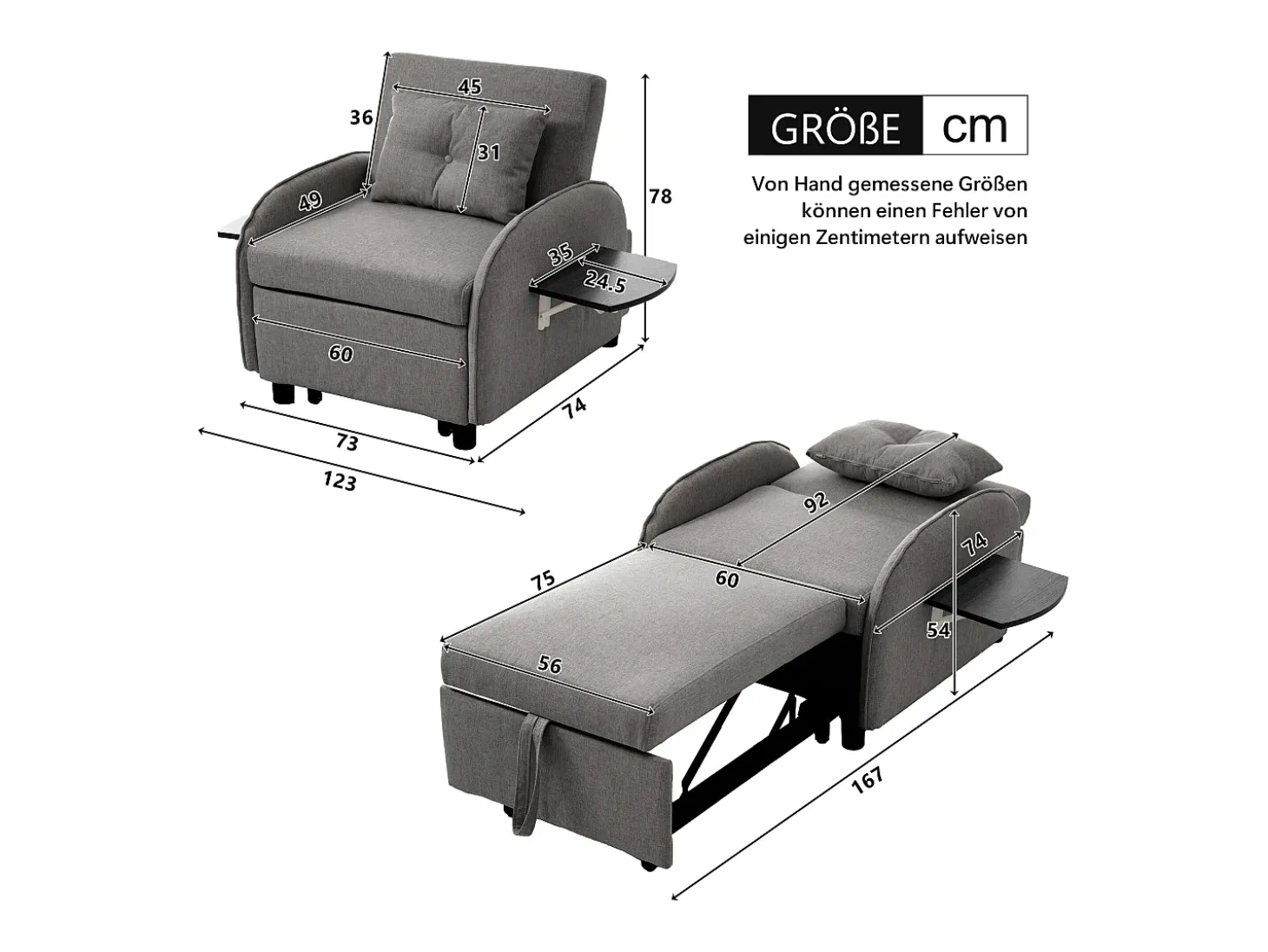 Sofá-cama individual multifuncional com função de cama, poltrona e cadeirão, sofá-cama ajustável em três direções, mesas de chá dobráveis